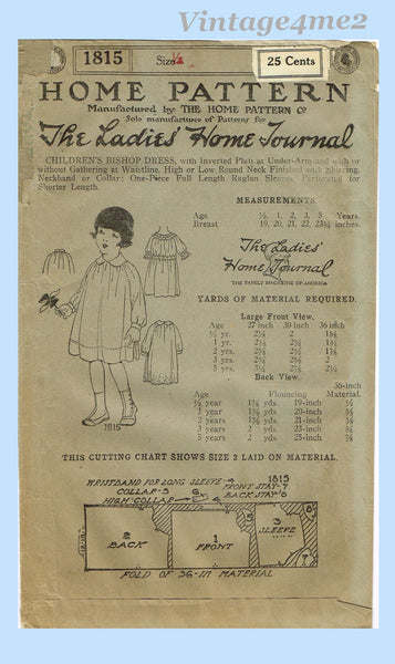 Ladies Home Journal 1815: 1910s Uncut Toddler Girls Dress Vintage Sewing Pattern