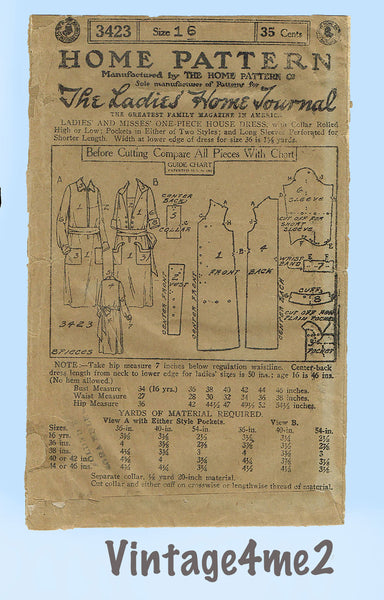 Ladies Home Journal 3423: 1920s Rare Uncut Dress Sz 34 B Vintage Sewing Pattern