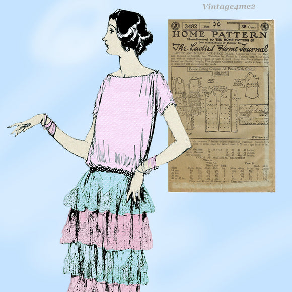 Ladies Home Journal 3482: 1920s Uncut Fancy Tiered Dress 36 B Vintage Sewing Pattern
