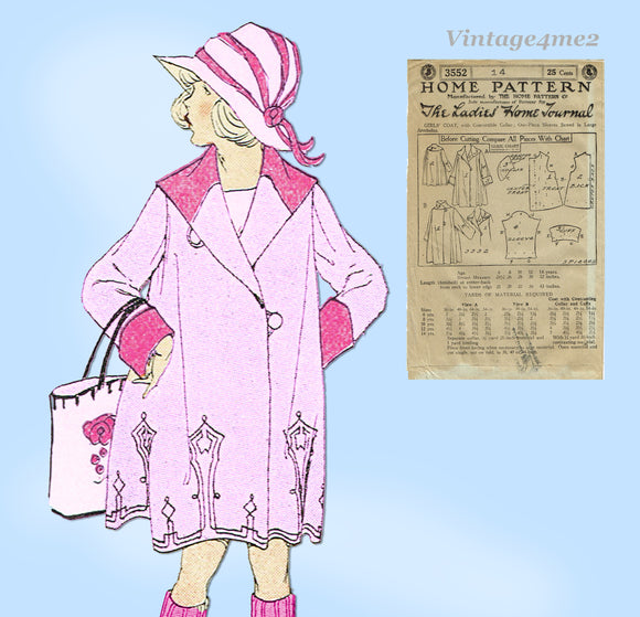 Ladies Home Journal 3552: 1920s Uncut Girls Dressy Coat Vintage Sewing Pattern