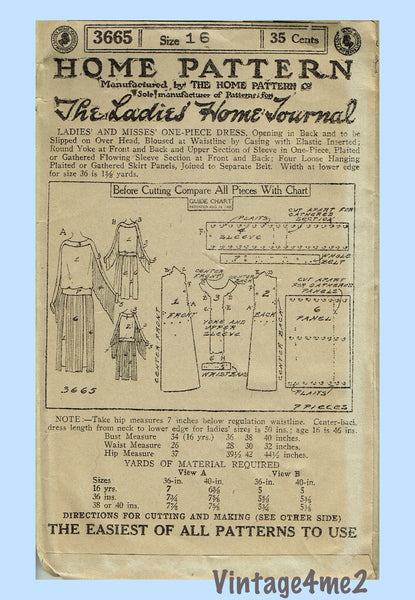 Ladies Home Journal 3665: 1920s Uncut Misses Dress Sz 40B Vintage Sewing Pattern
