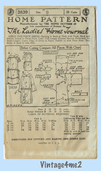 Ladies Home Journal 3837: 1920s Uncut Little Girls Dress Vintage Sewing Pattern
