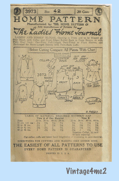 Ladies Home Journal 3973: 1920s Uncut Misses Blouse 42 B Vintage Sewing Pattern