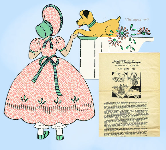 1930s Laura Wheeler Embroidery Transfer 1716 Uncut Appliqué Bonnet Gals ORIGINAL