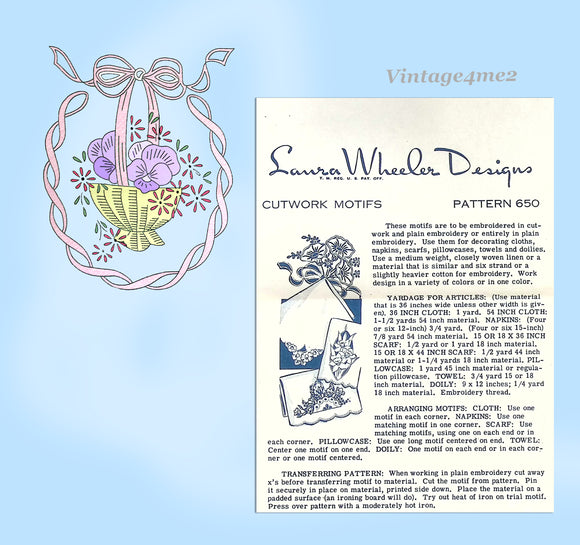 1940s Vintage Laura Wheeler Embroidery Transfer 650 Uncut Pansy Basket Original