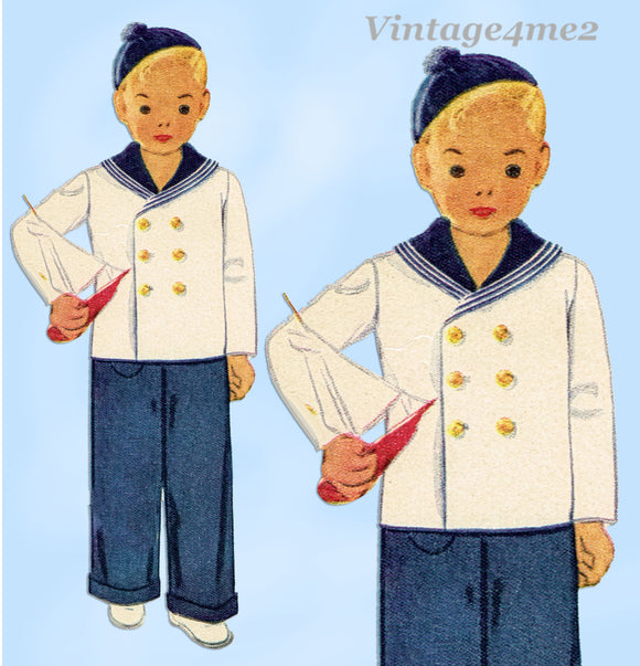 1940s Vintage McCall Sewing Pattern 3748 Uncut Toddler Boys Sailor Suit & Hat Sz3