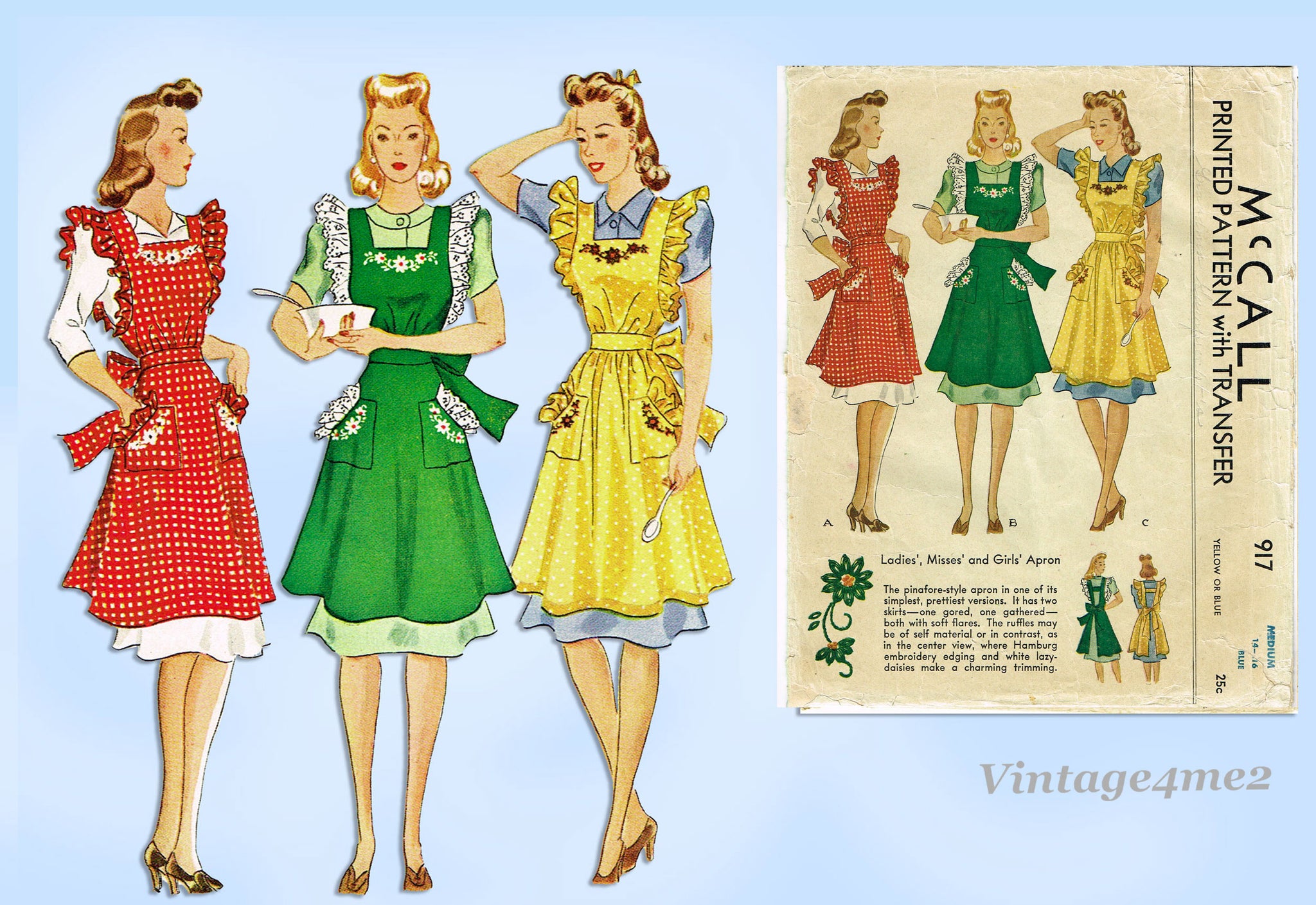 McCall 917: 1940s Misses WWII Farm Kitchen Pinafore Apron Sewing