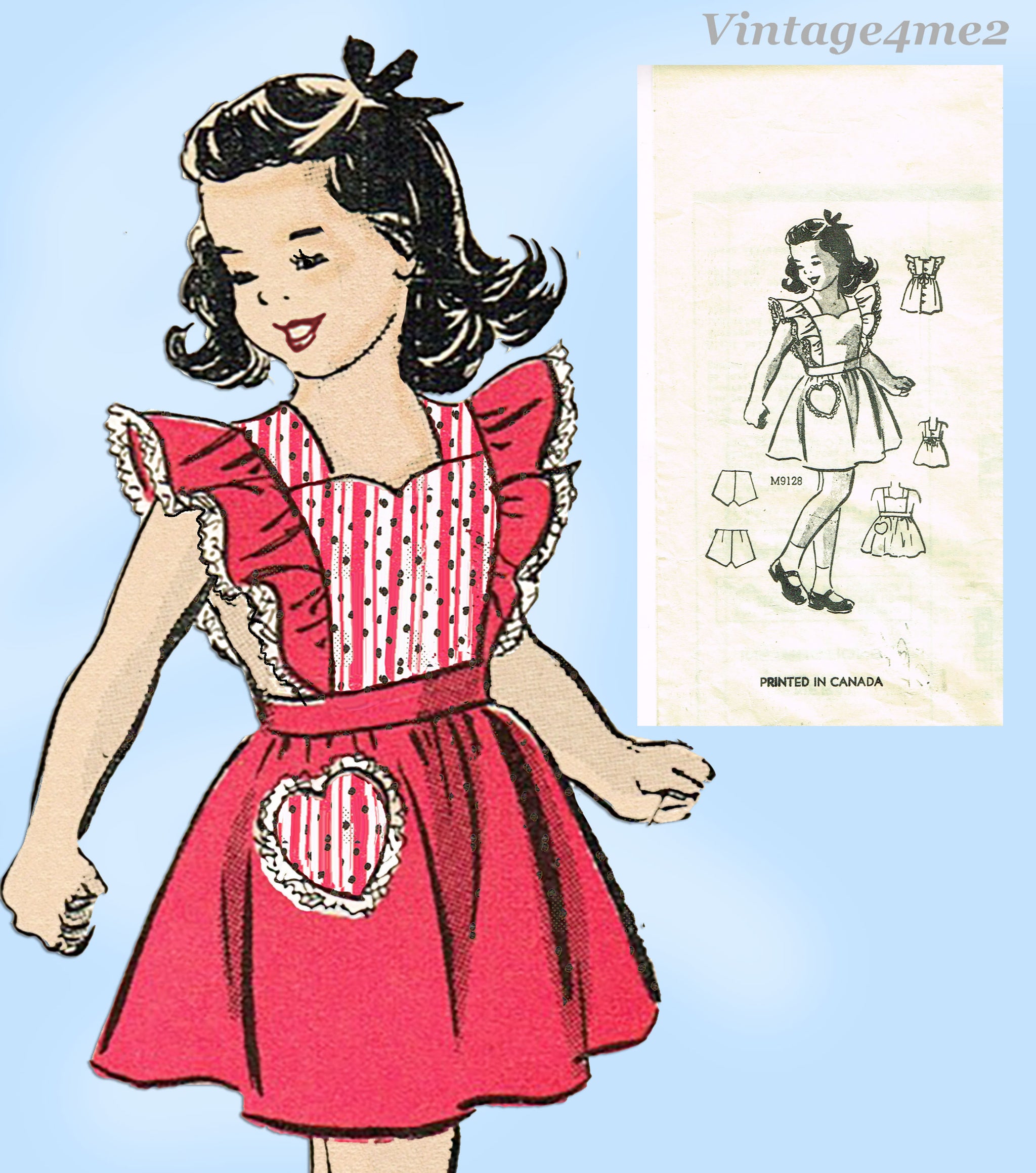 1940s Vintage Marian Martin Pattern 9128 Girls WWII Pinafore