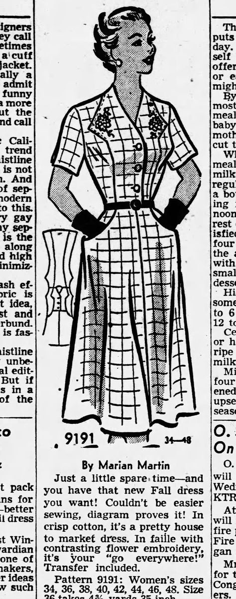 1950s Original Vintage Marian Martin Pattern 9191 Unusual Bodice Dress ...