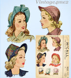 1940s Vintage McCall Sewing Pattern 1035 Uncut Misses 23 Inch Brimmed Hat Set