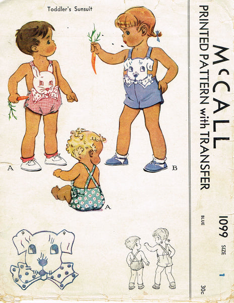 1940s Vintage McCall Sewing Pattern 1099 Cute Baby's Puppy Face Romper Size 1