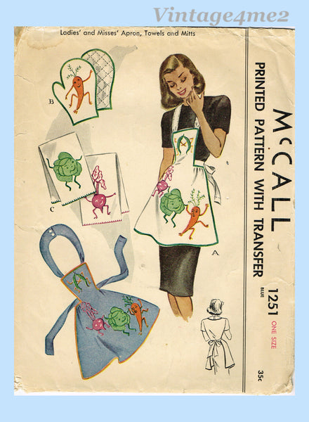 McCall 1251: 1940s Cute Misses Anthro Apron & Potholders Vintage Sewing Pattern