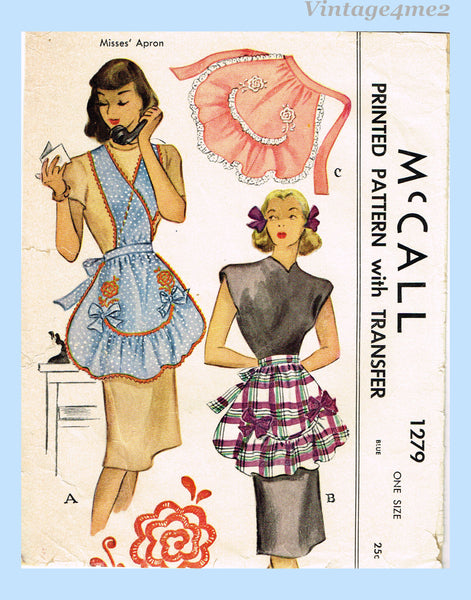 1940s Vintage McCall Sewing Pattern 1279 Misses Scallop Full Bib Apron Fits All