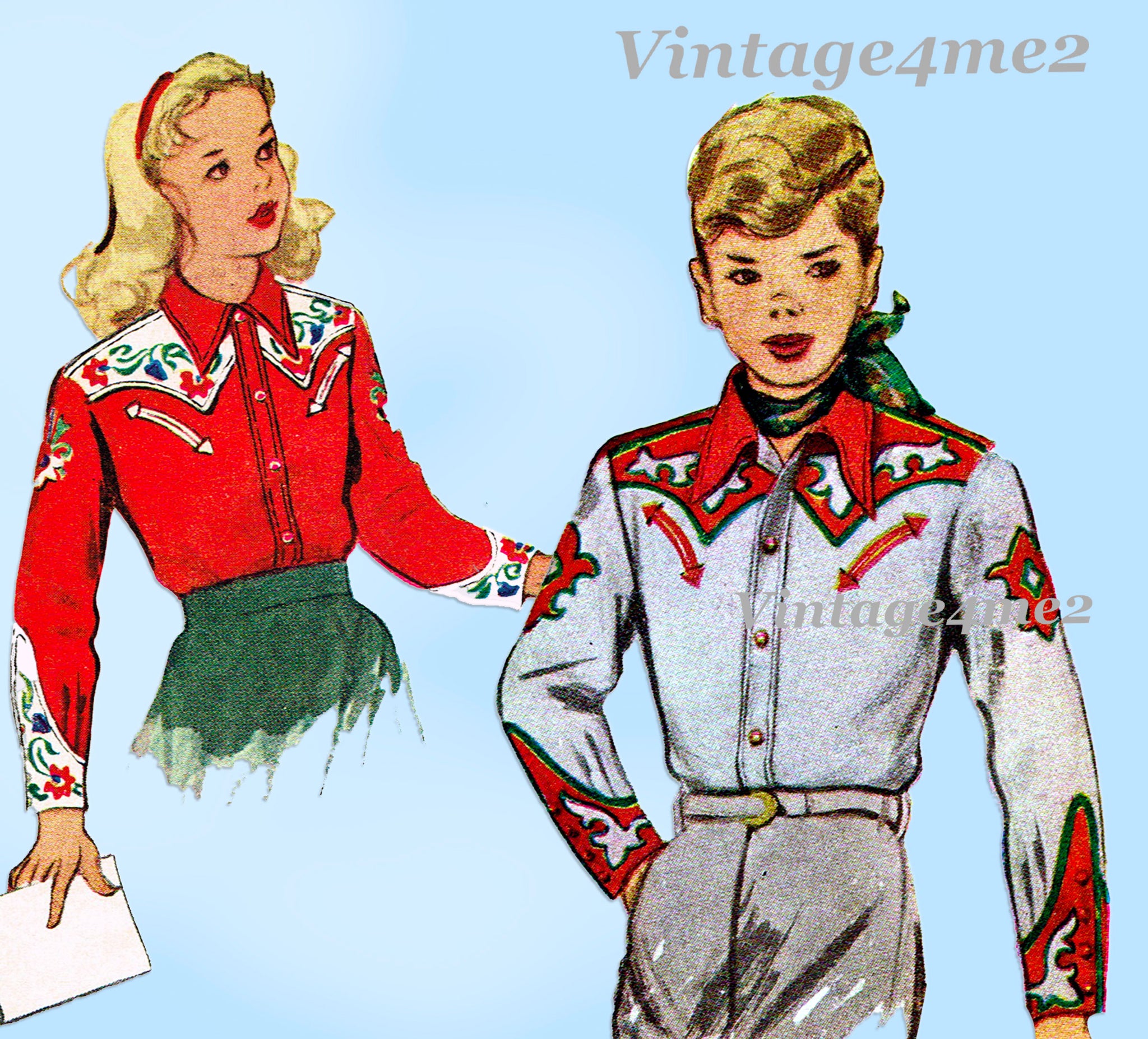1940s Vintage McCalls Sewing Pattern 1310 Boys Girls Western Shirt 