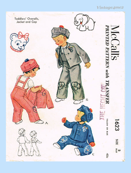 1950s Vintage McCalls Sewing Pattern 1623 Baby Boys Elephant Overalls Size 2