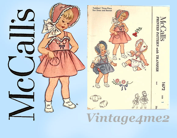 McCall 1672: 1950s Toddler Fancy Sun Dress w Bonnet Sz 1 Vintage Sewing Pattern UNCUT