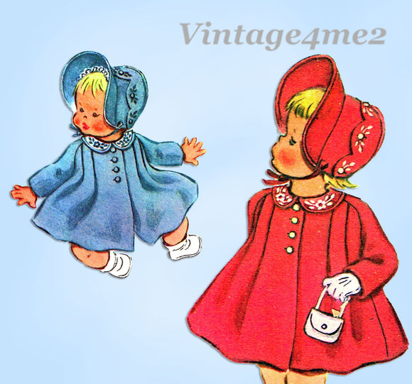 1950s Vintage McCalls Sewing Pattern 2018 Baby Girls Flared Coat and Bonnet Sz 6 mos
