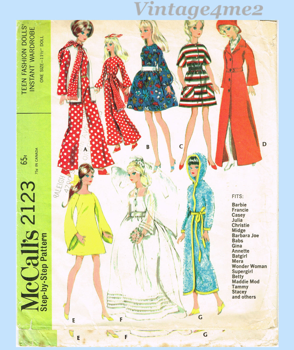 1960s Vintage McCalls Sewing Pattern 2123 Cute 11.5in Boho Barbie Doll ...