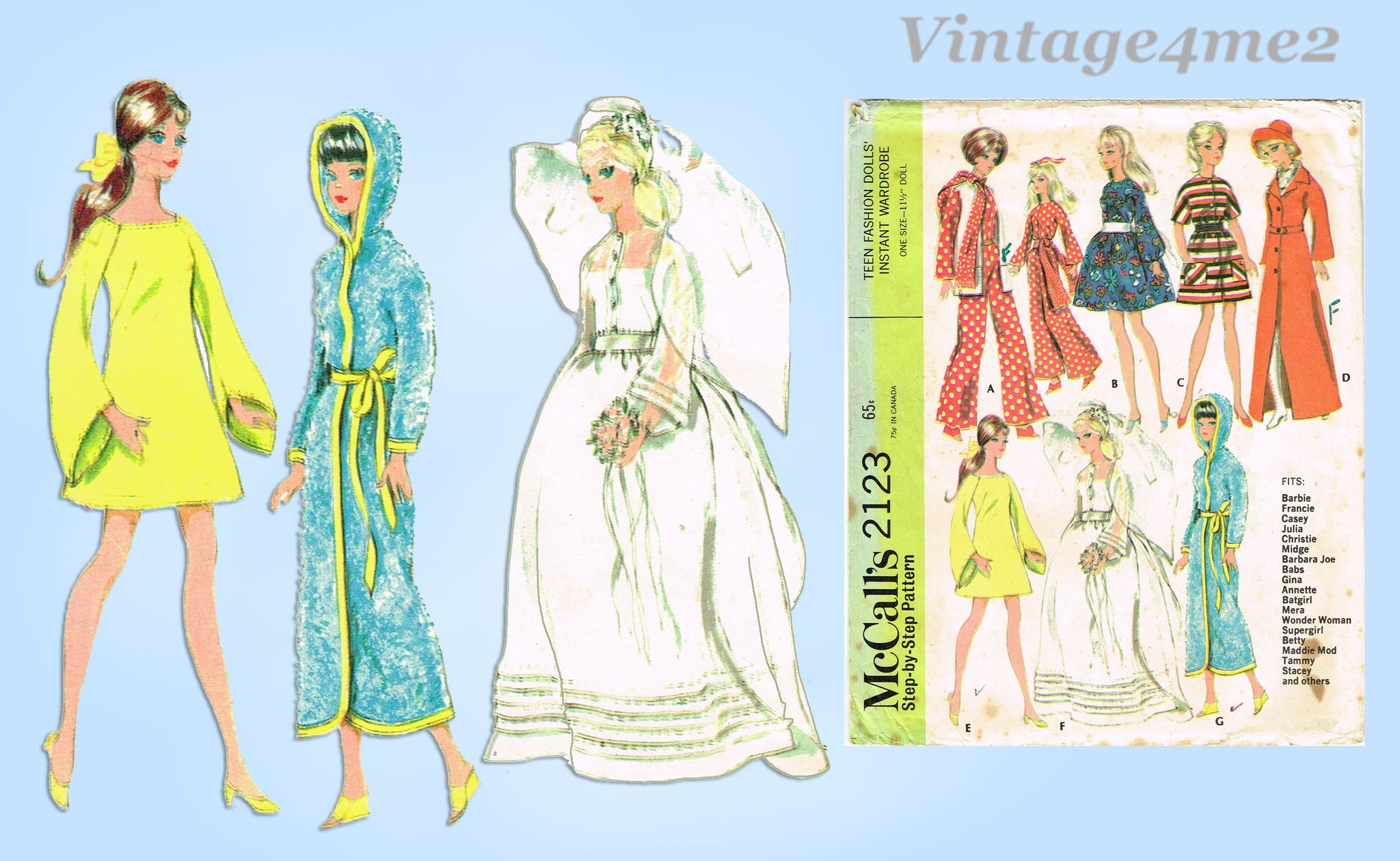 1960s Vintage McCalls Sewing Pattern 2123 Cute 11.5in Boho Barbie Doll   Vintage4me2