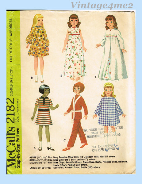 1960s Vintage McCalls Sewing Pattern 2182 Medium 16-21 Inch Chrissy Doll Clothes