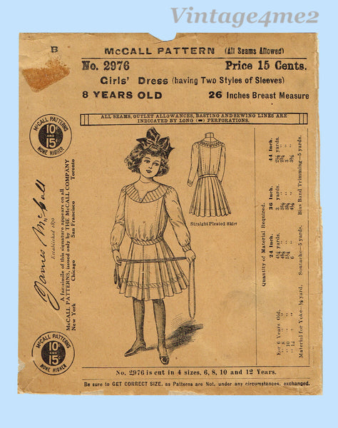 McCall 2976: 1900s Uncut Toddler Girls Edwardian Dress Sz4 Vintage Sew ...