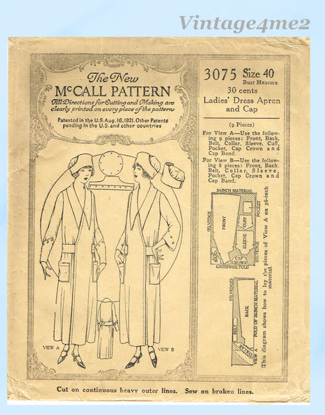 McCall 3075: 1920s Rare Maids Apron Dress & Cap Size 40 B Vintage Sewing Pattern