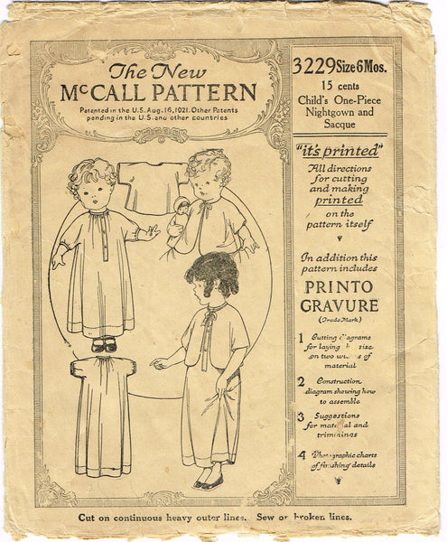 McCall 3229: 1920s Uncut Baby Girls Nightgown Sz 6 mos Vintage Sewing Pattern