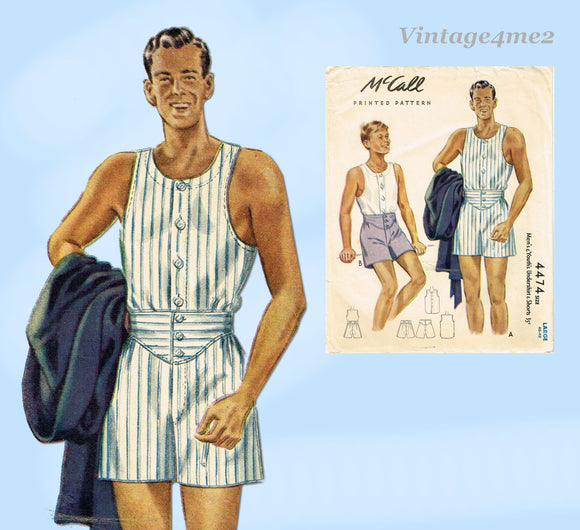1940s Vintage MCCall Sewing Pattern 4474 WWII Mens Boxer Shorts and Undershirt Large