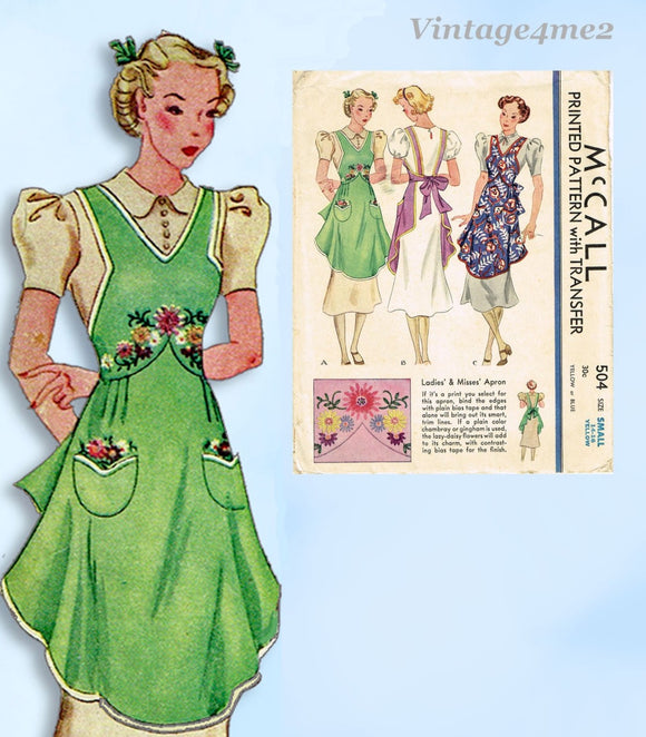 1930s Original Vintage McCall Sewing Pattern 504 Farm Kitchen Apron Darling Lines