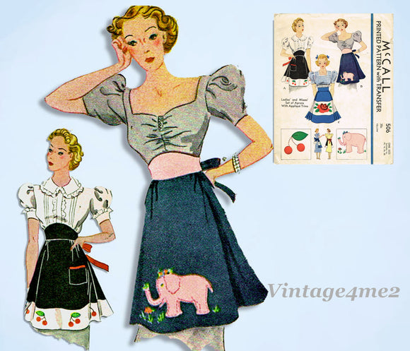 1930s Original Vintage McCall Sewing Pattern 506 Elephant Apron Darling Waist Bands