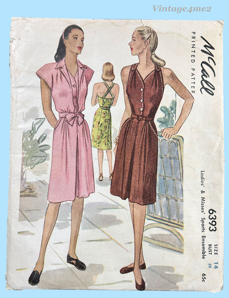 McCall 6393: 1940s Rare Misses Sun Dress & Topper 32B Vintage Sewing Pattern