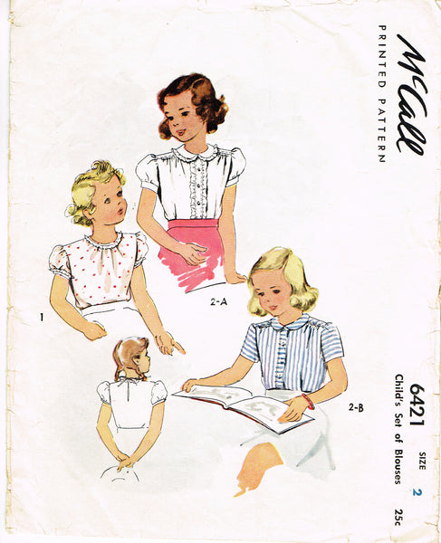 1940s Original Vintage McCall Sewing Pattern 6421 Toddler Girls Blouse Set