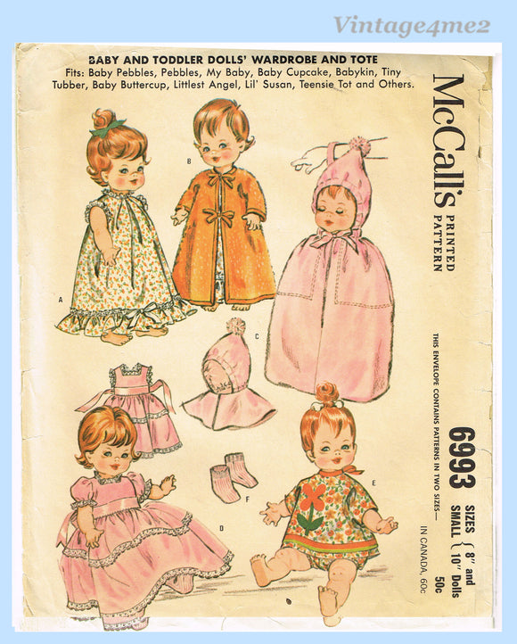 1960s Vintage McCalls Sewing Pattern 6993 Cute 8-10 Inch Baby Pebbles Doll Clothes