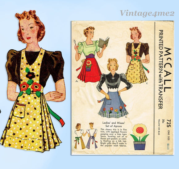 1930s Original Vintage McCall Sewing Pattern 725 Pleated Apron w Flower Apps