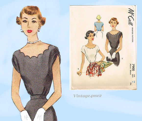 1940s Vintage McCalls Sewing Pattern 7900 Uncut Misses Scalloped Blouse 34B