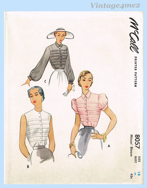 1950s Vintage McCalls Sewing Pattern 8057 Uncut Misses Tucked Blouse 34 B