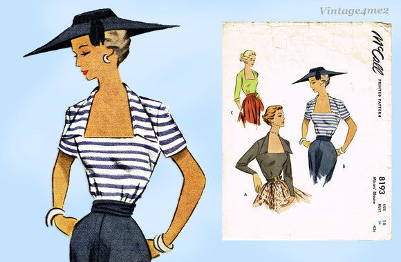 1950s Vintage McCall Sewing Pattern 8193 Misses Sexy Dressy Summer Blouse Sz 34