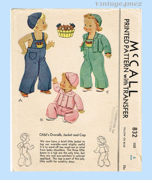 1940s Vintage McCall Sewing Pattern 832 Sweet Toddler's Applique Overalls Sz 3