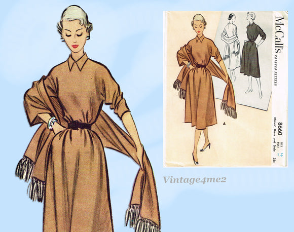 1950s Vintage McCall Sewing Pattern 8660 Chic Dress and Stole Sz 34 B UNCUT