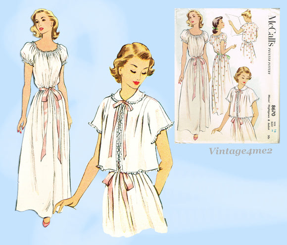 McCall 8670: 1950s Misses Nightgown and Bedjacket Vintage Sewing Pattern Size 34 Uncut