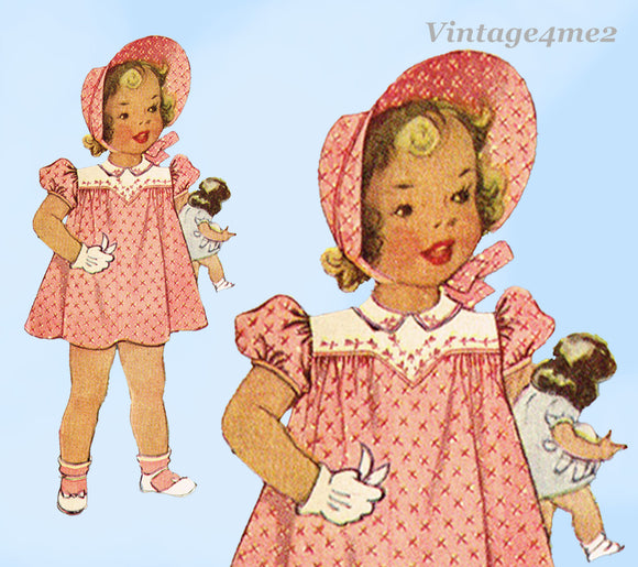 1940s Vintage McCall Sewing Pattern 880 Sweet WWII Baby Girls Dress & Bonnet
