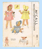 1940s Vintage McCall Sewing Pattern 880 Sweet WWII Baby Girls Dress & Bonnet Size 1 Factory Folded