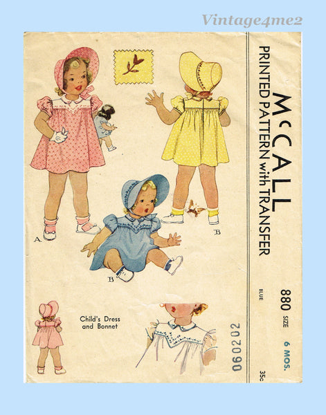 1940s Vintage McCall Sewing Pattern 880 Sweet WWII Baby Girls Dress & Bonnet