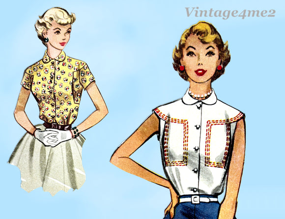 1950s Vintage McCall's Sewing Pattern 9519 Darling Misses Blouse Size 34 Bust