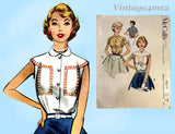 1950s Vintage McCall's Sewing Pattern 9519 Darling Misses Blouse Size 34 Bust