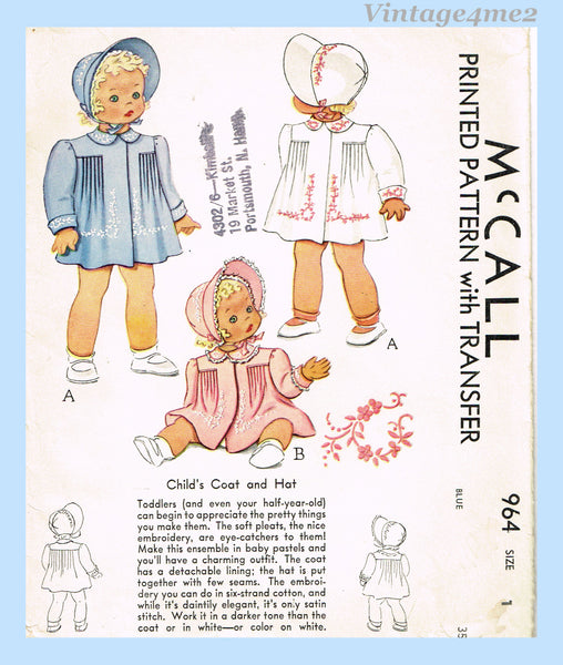 1940s Vintage McCall Sewing Pattern 964 Cute Baby Girls Heirloom Coat & Bonnet Sz1