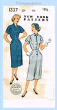 1950s Vintage New York Sewing Pattern 1337 Uncut Misses Slender Dress Sz 37 Bust