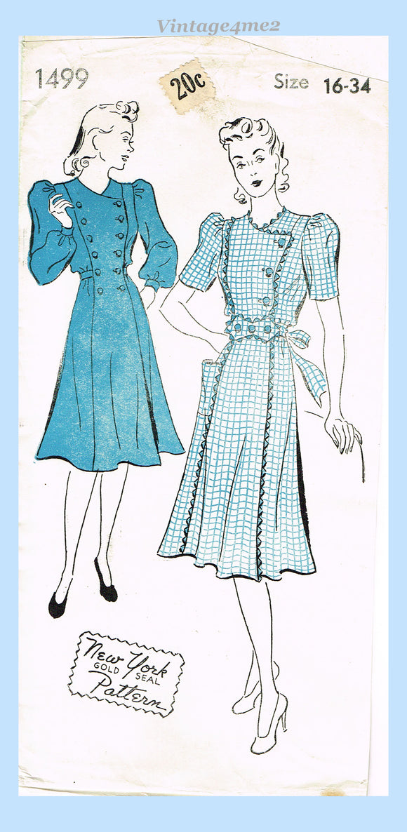 1940s Vintage New York Sewing Pattern 1499 Uncut Misses WWII Dress Sz 34 B