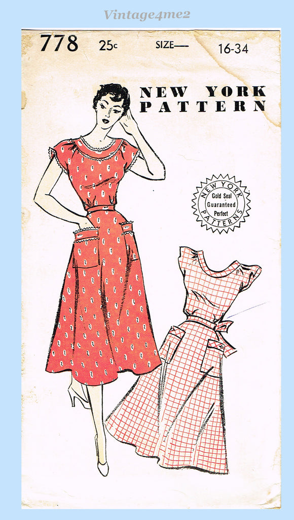 New York 778: 1950s Lovely Uncut Misses House Dress Sz 34 B Vintage Sewing Pattern