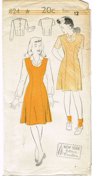 1940s Vintage New York Sewing Pattern 824 Uncut Little Girls Jumper & Blouse 12